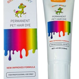 Two tubes of permanent pet hair dye with colorful designs.